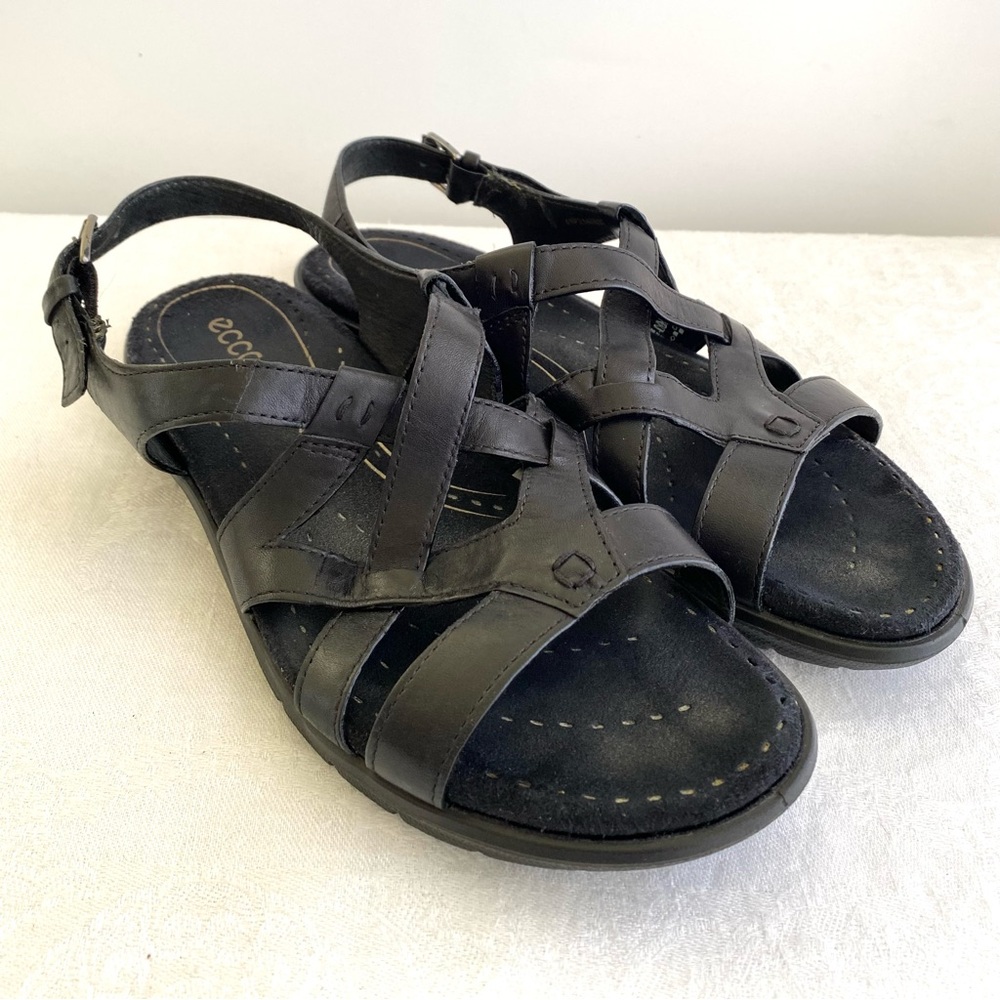 Ecco Black Leather Cross-Strap Slingback Sandals